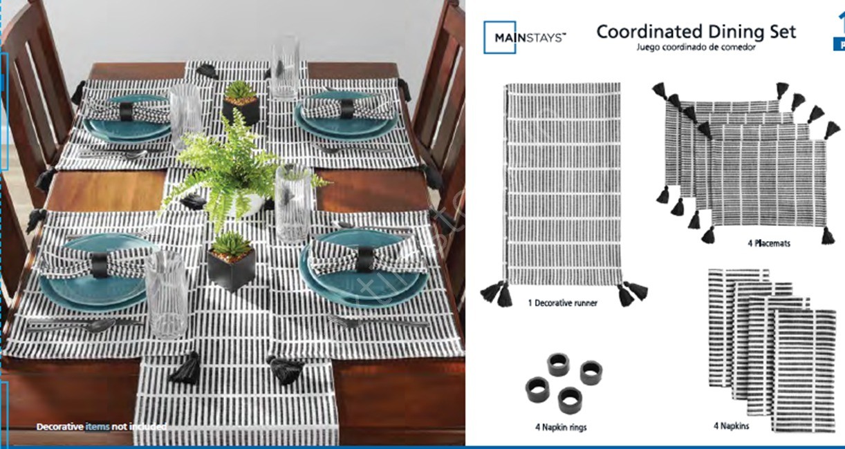Offer # 3214 Coordinated Dining Table Linen Set of 1 Table Runner + 4 Placemats + 4 Napkins + 4 Napkin Rings Stock